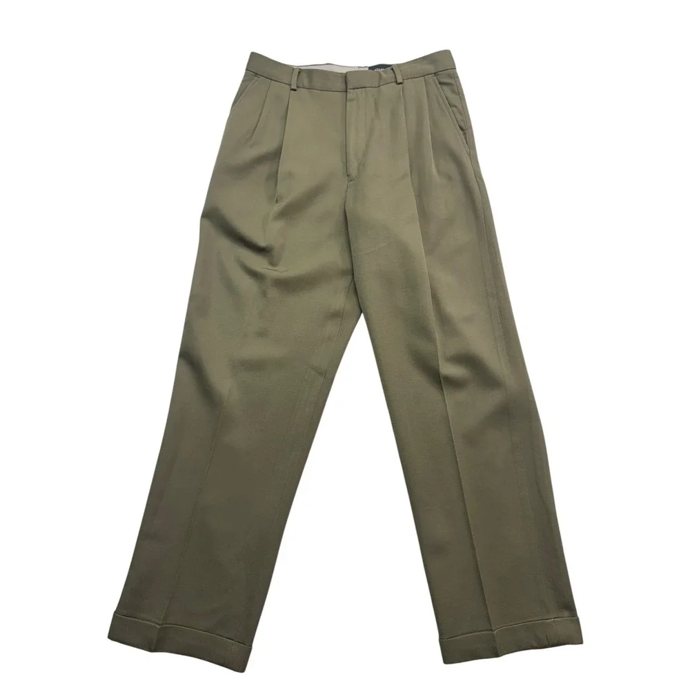 vtg Y2K Eddie Bauer 30x30 Tan Pants Trousers 100% Wool Pleated High Waisted